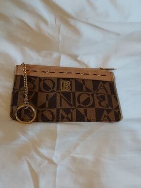 Bonia Brown Monogram Zipper Pouch With Gold Keyring